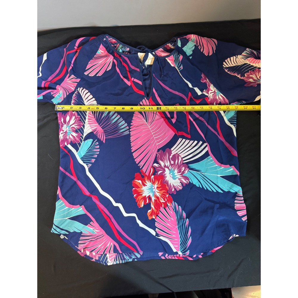 Yumi Kim 100% Silk‎ Tropical Floral Palm Print Tie Neck Blouse Navy Blue XS